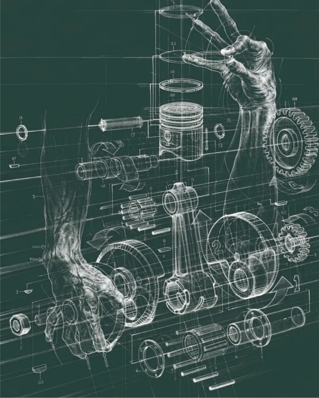An exploded technical drawing of an engine assembly rendered in white line on deep green, with human hands drawn among the parts — pistons, gears, bearings and shafts laid out in order alongside the hands that work them.