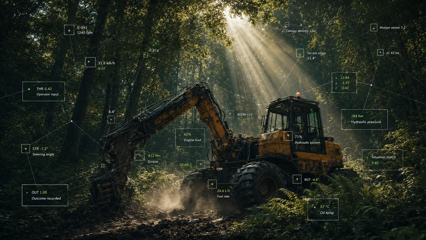 A forestry machine working a stand, overlaid with synchronised operator inputs and machine telemetry — throttle, steering, boom angle, hydraulic pressure, terrain slope — each anchored to the part of the scene it describes.